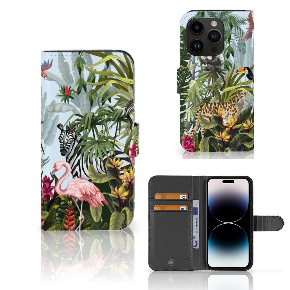 Telefoonhoesje met Pasjes voor iPhone 15 Pro Jungle, met kleurrijke jungle dieren zoals een flamingo 🦩 en zebra 🦓.
