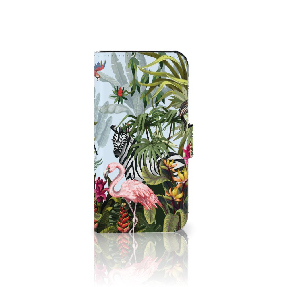 Telefoonhoesje met Pasjes voor iPhone 15 Pro Jungle met een zebra 🦓 en flamingo 🦩 in jungle stijl.