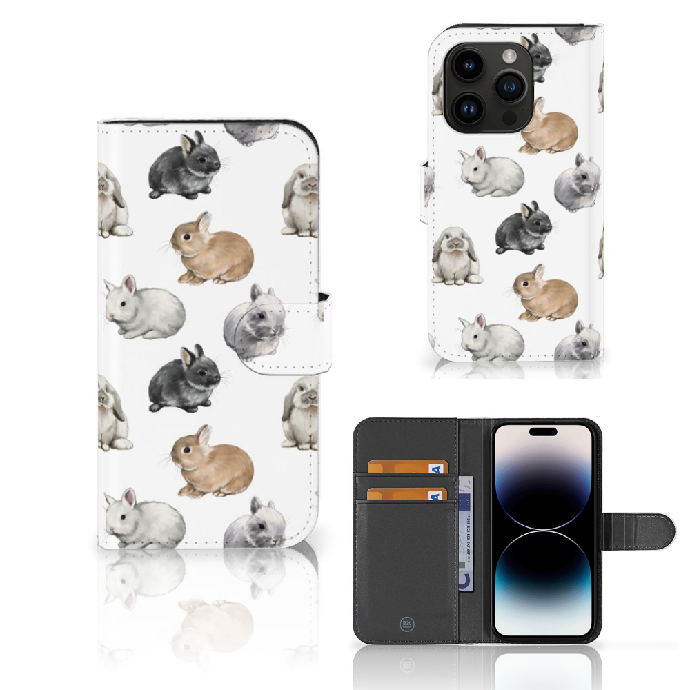 Telefoonhoesje met Pasjes voor iPhone 15 Pro Konijntjes met schattige konijnen in verschillende kleuren 🐇.