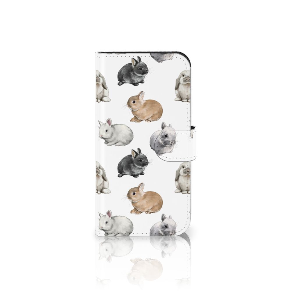 Telefoonhoesje met Pasjes voor iPhone 15 Pro Konijntjes met schattige konijnen op een witte achtergrond.