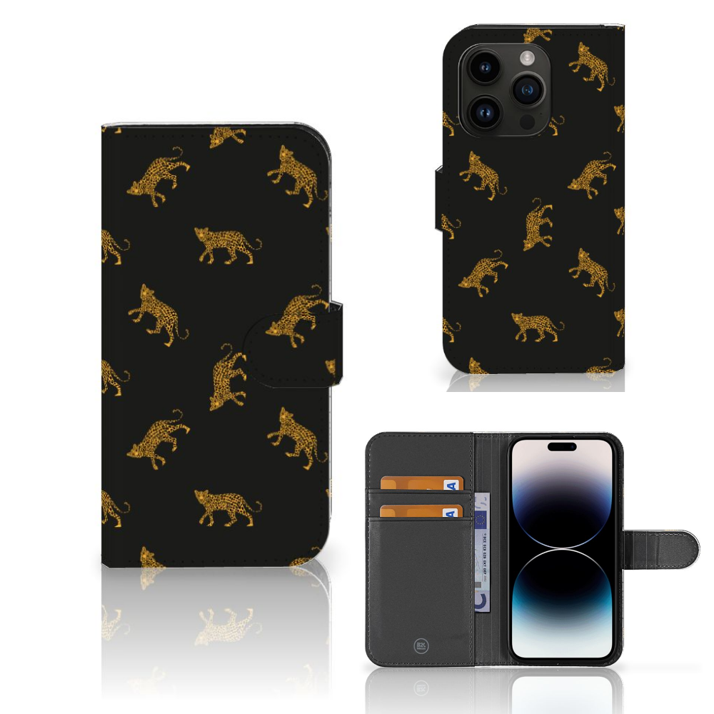 iPhone 15 Pro Telefoonhoesje met Pasjes Leopards design vooraanzicht en binnenkant
