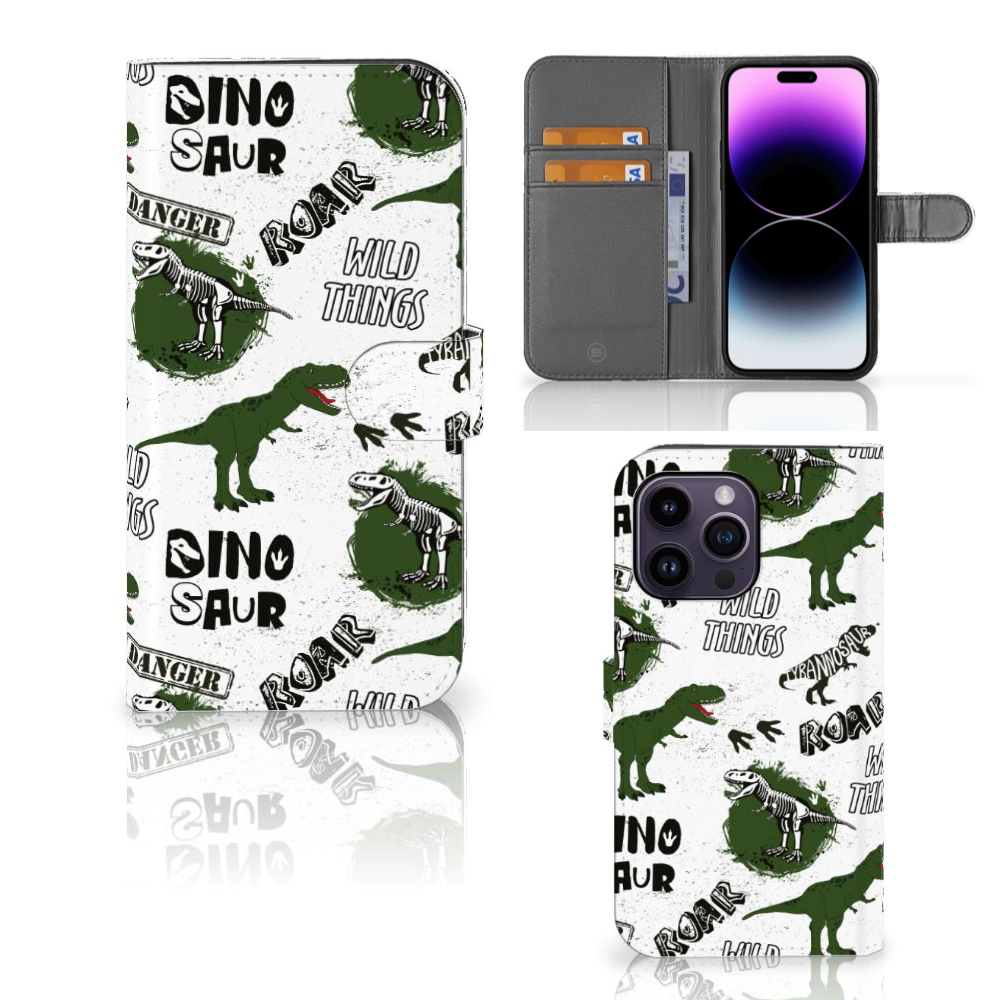 Telefoonhoesje met Pasjes voor iPhone 15 Pro Max Dinosaurus met dino-print en ruimte voor pasjes.