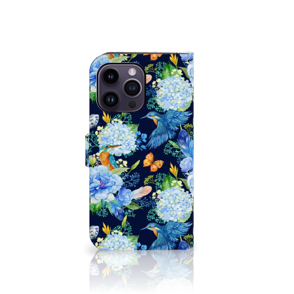 Telefoonhoesje met Pasjes voor iPhone 15 Pro Max IJsvogel bloemen motief aanzicht