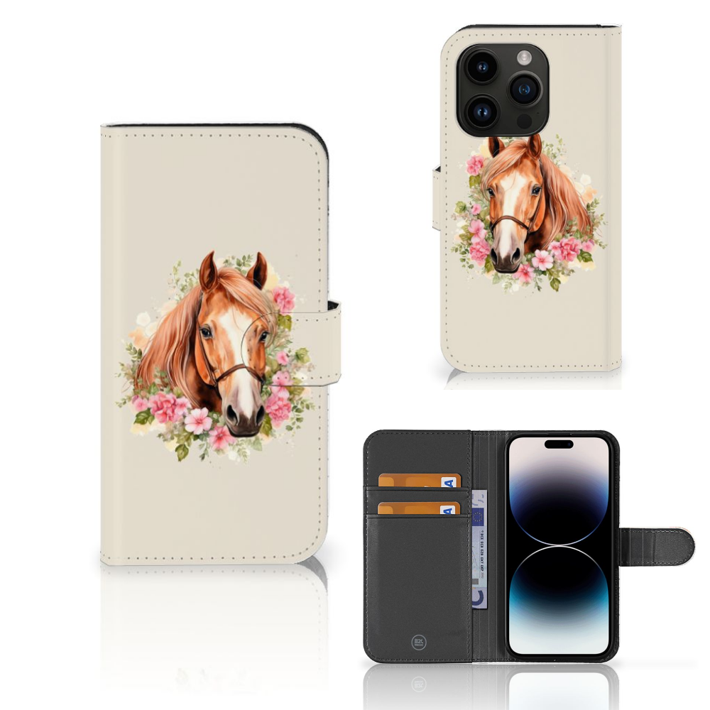 Telefoonhoesje met Pasjes voor iPhone 15 Pro Paard met bloemenprint, trendy en functioneel.
