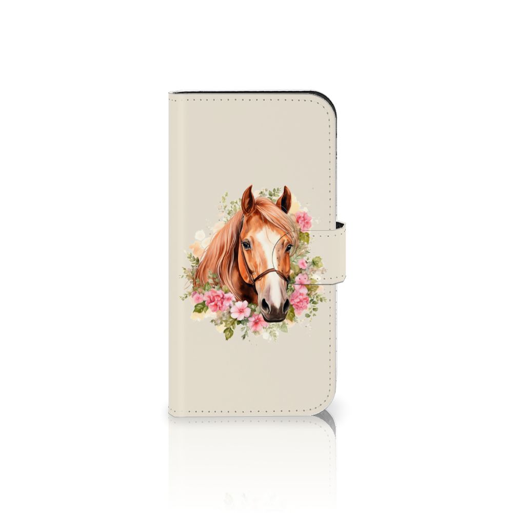Telefoonhoesje met Pasjes voor iPhone 15 Pro Paard met mooi paardenontwerp en bloemen.