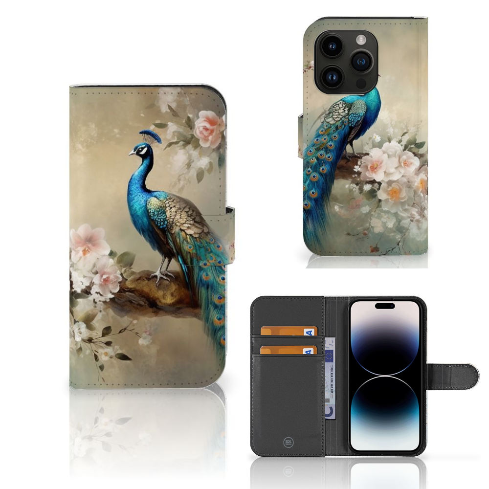Telefoonhoesje met Pasjes voor iPhone 15 Pro Vintage Pauwen met kleurrijke pauw en bloemen 🌸