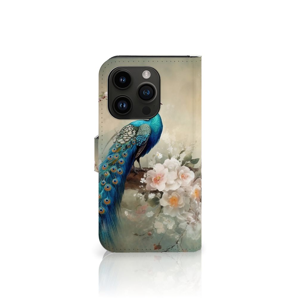 Telefoonhoesje met Pasjes voor iPhone 15 Pro Vintage Pauwen met kleurrijke pauw en bloemen