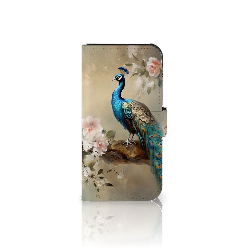 Telefoonhoesje met Pasjes voor iPhone 15 Pro Vintage Pauwen met een prachtige pauw en bloemen.