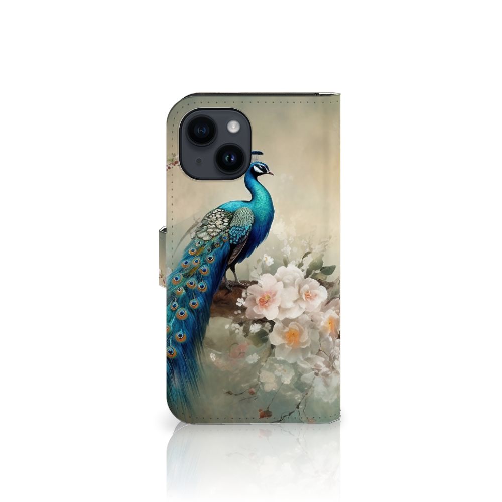 Telefoonhoesje met Pasjes voor iPhone 15 Vintage Pauwen met een prachtig pauwen ontwerp en bloemen.