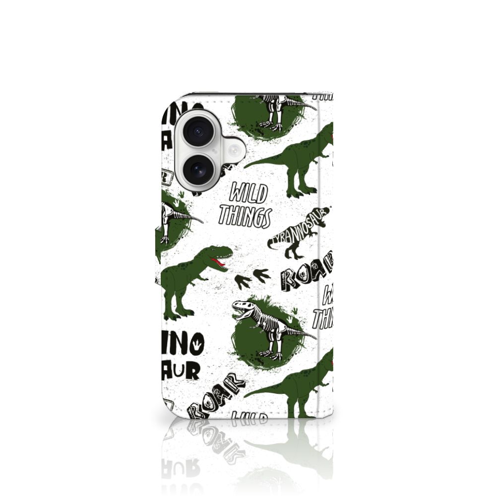 Telefoonhoesje met Pasjes voor iPhone 16 Dinosaurus dino design achteraanzicht