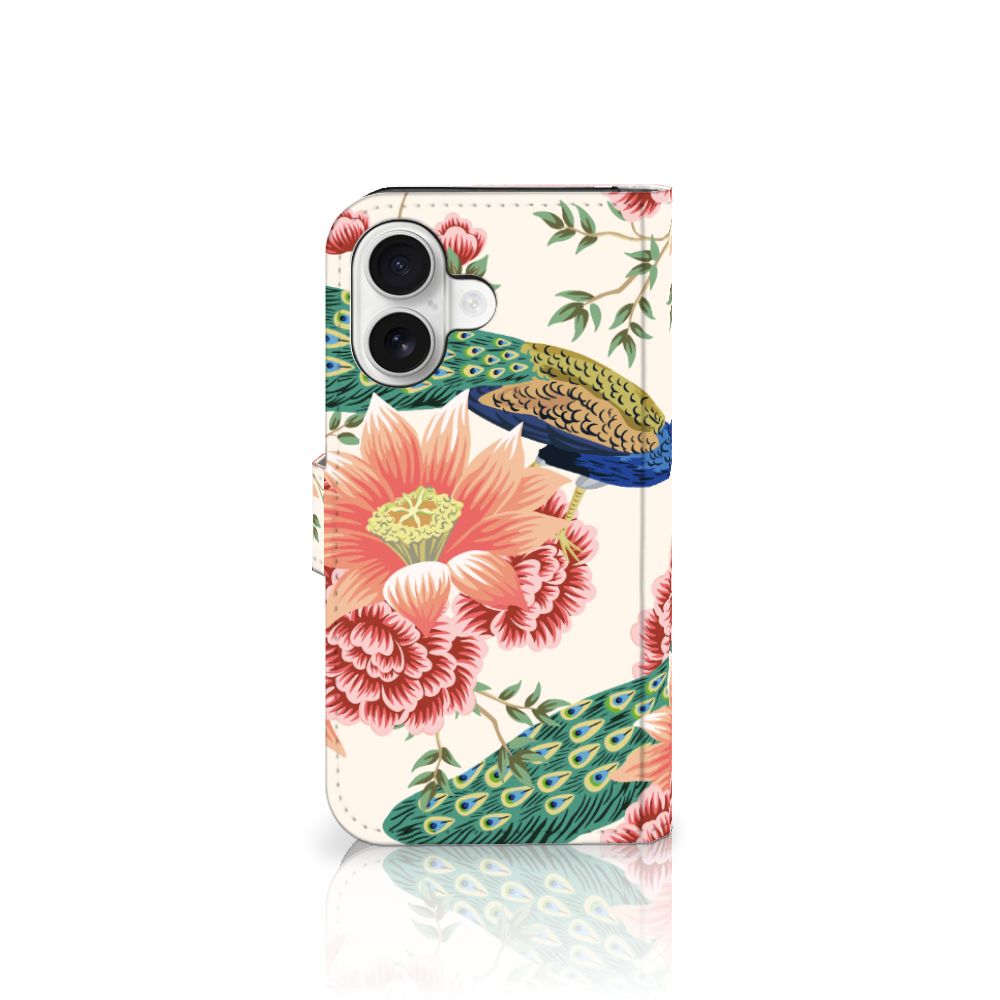 Telefoonhoesje met Pasjes voor iPhone 16 Pink Peacock design pauw bloemen zijaanzicht