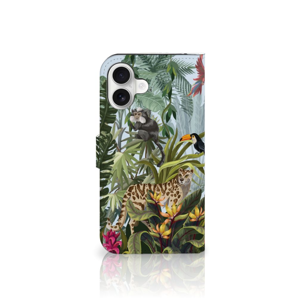 iPhone 16 Plus Telefoonhoesje met Pasjes Jungle dierenflora design voorkant