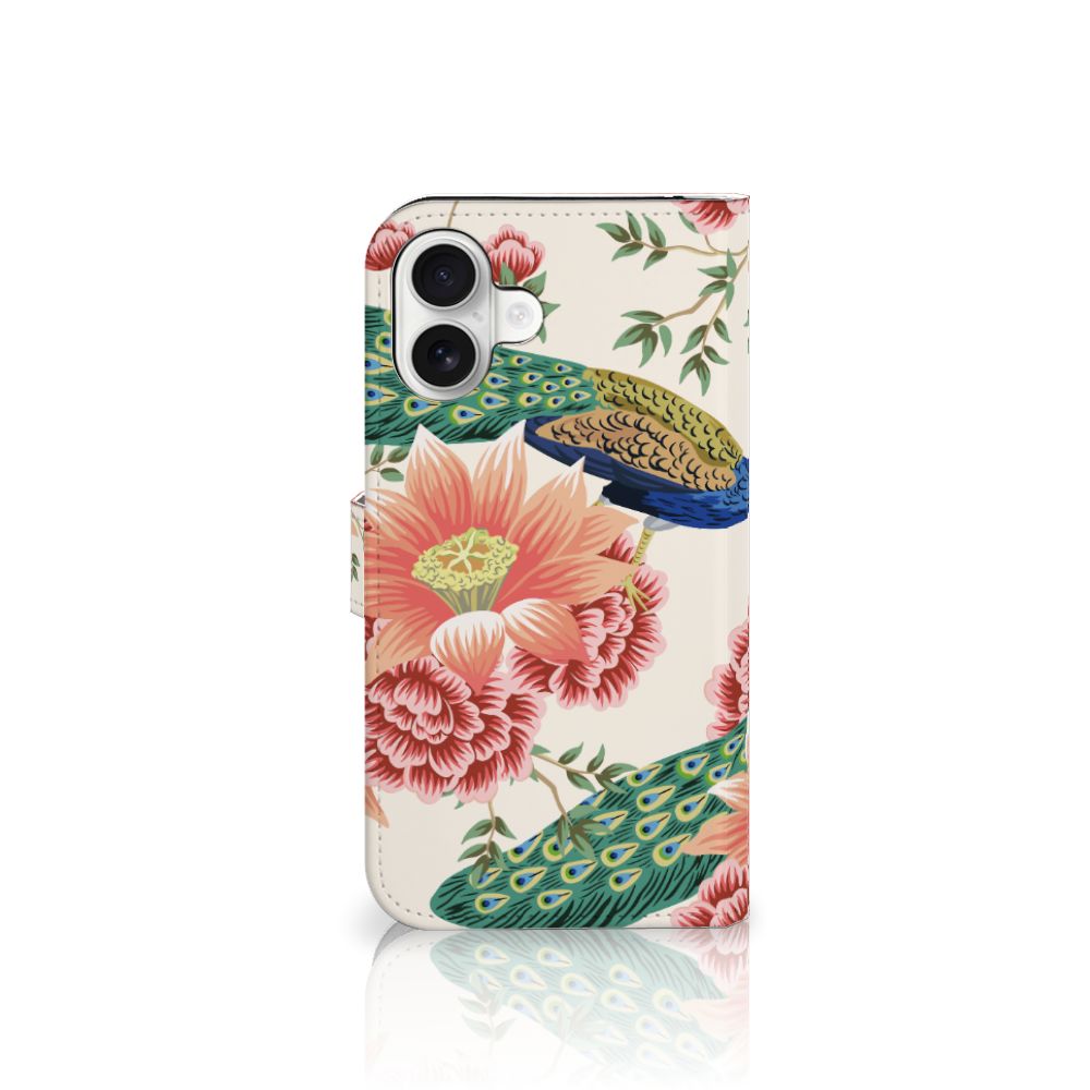 Telefoonhoesje met Pasjes voor iPhone 16 Plus Pink Peacock design Pauw aanzicht
