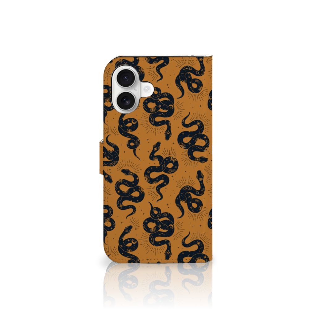 Telefoonhoesje met Pasjes voor iPhone 16 Plus Snakes slangen bruin design achteraanzicht