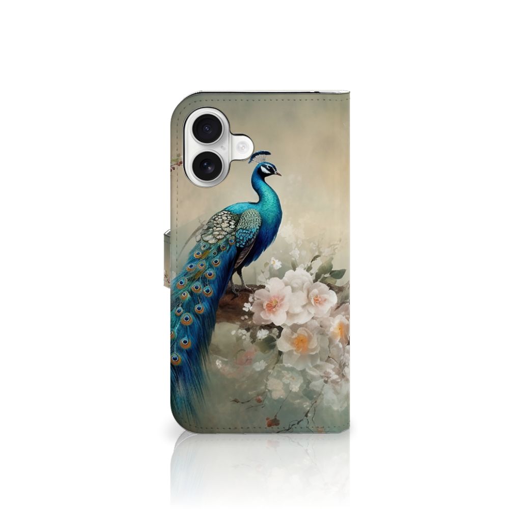 iPhone 16 Plus Telefoonhoesje met Pasjes Vintage Pauwen voorkant