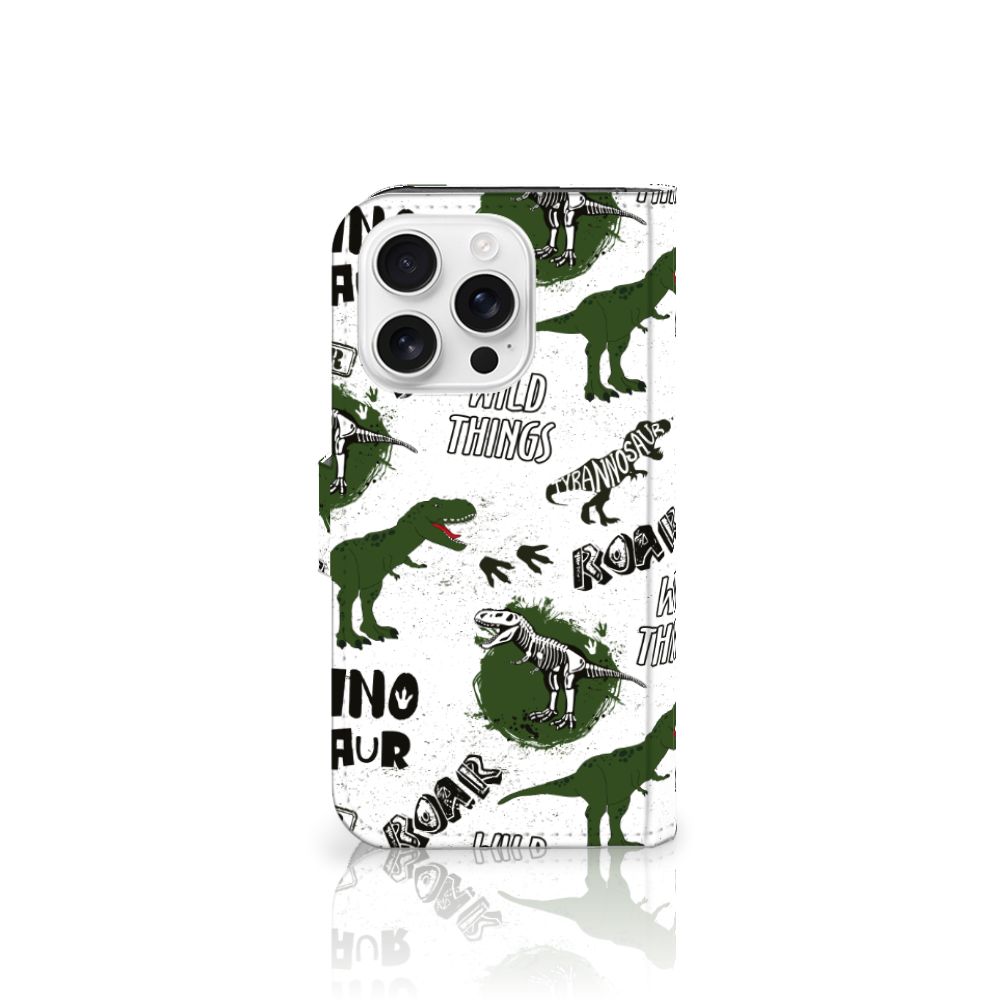 Telefoonhoesje met Pasjes voor iPhone 16 Pro Dinosaurus dino design voorkant