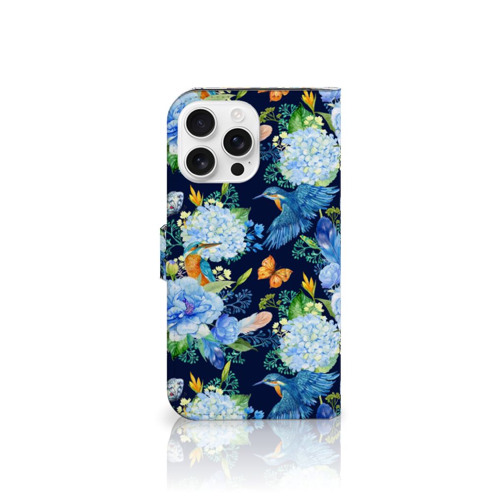 Telefoonhoesje met Pasjes voor iPhone 16 Pro Max IJsvogel design bloemen aanzicht