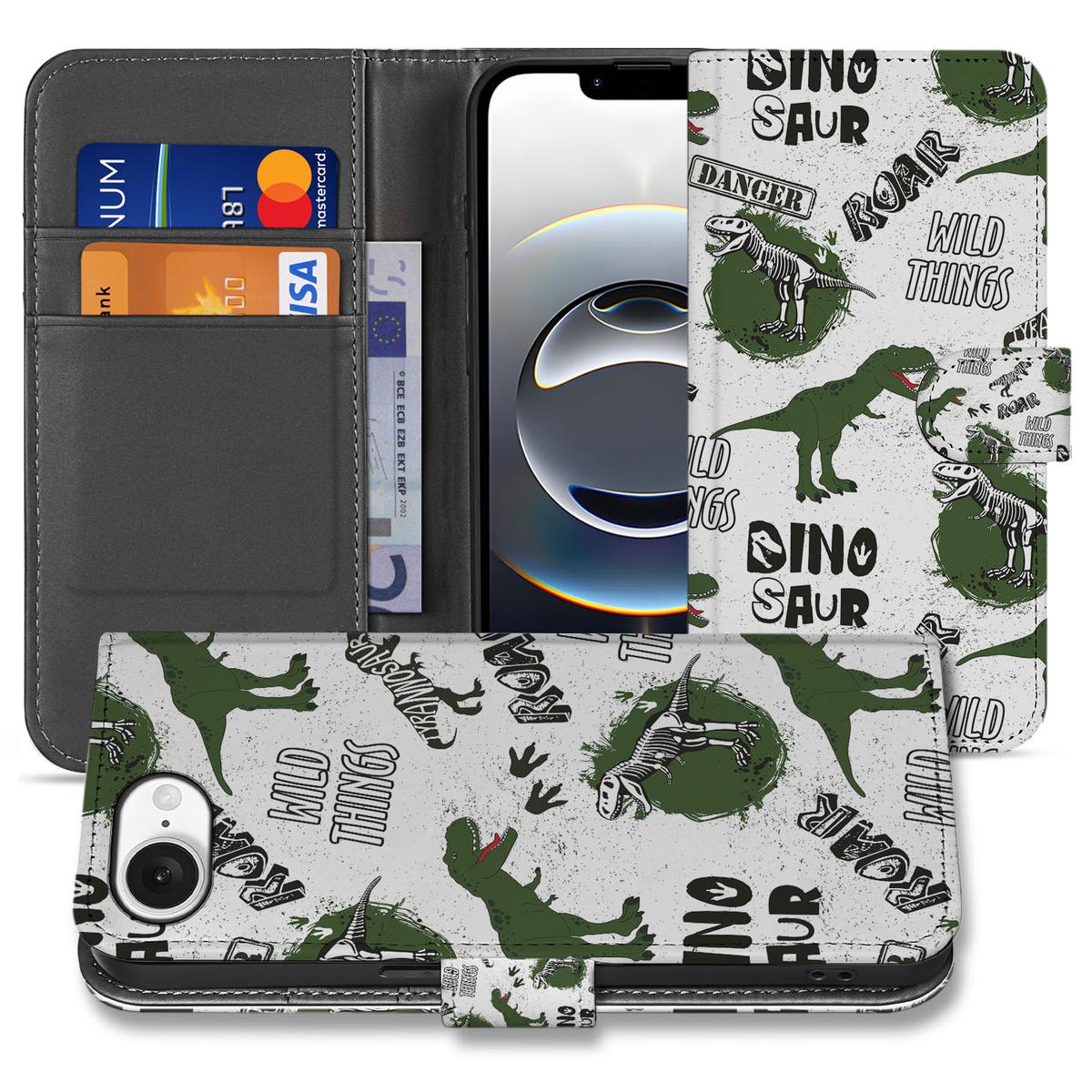 Telefoonhoesje met Pasjes voor iPhone 16e Dinosaurus dino design vooraanzicht en zijaanzicht