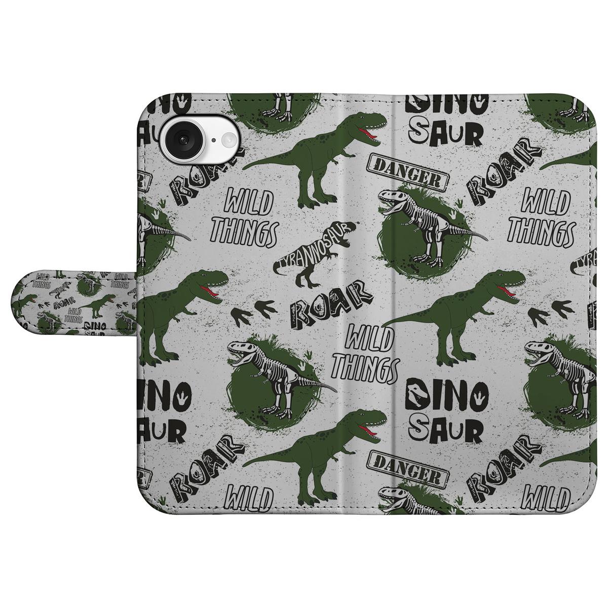 Telefoonhoesje met Pasjes voor iPhone 16e Dinosaurus dino design voorkant