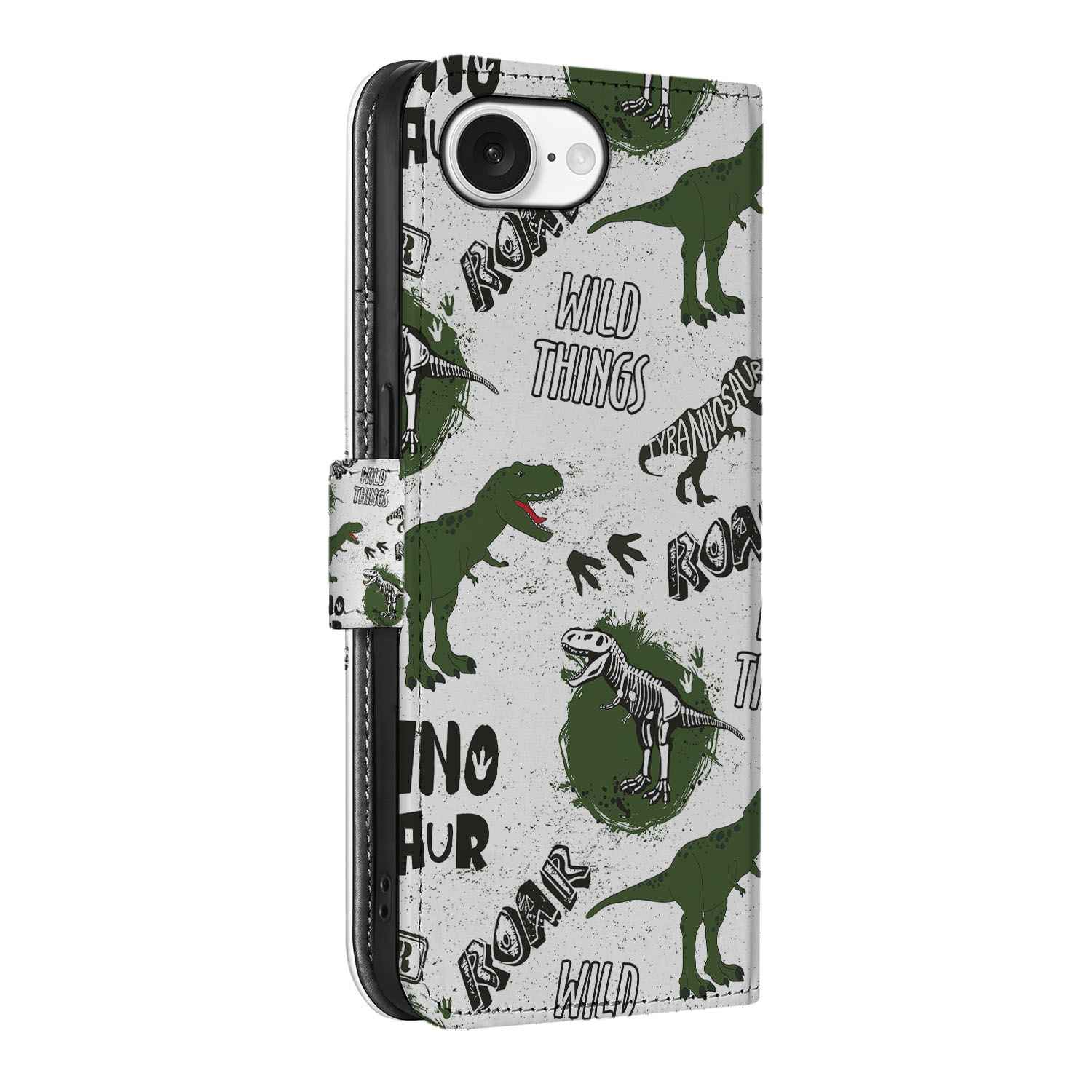 Telefoonhoesje met Pasjes voor iPhone 16e Dinosaurus dino design voorkant