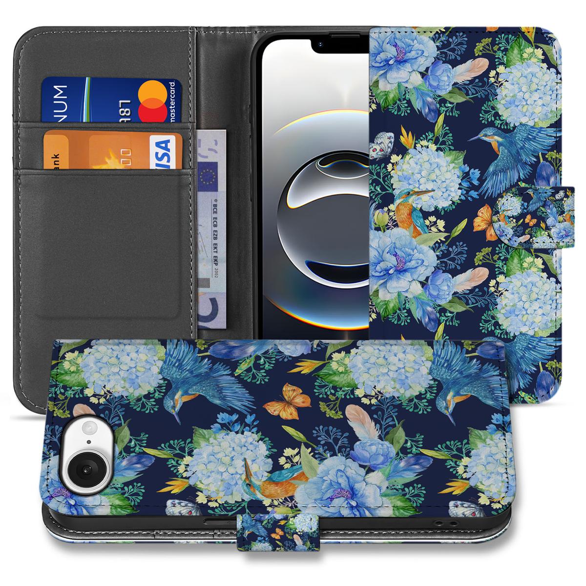 Telefoonhoesje met Pasjes voor iPhone 16e IJsvogel bloemen design vooraanzicht