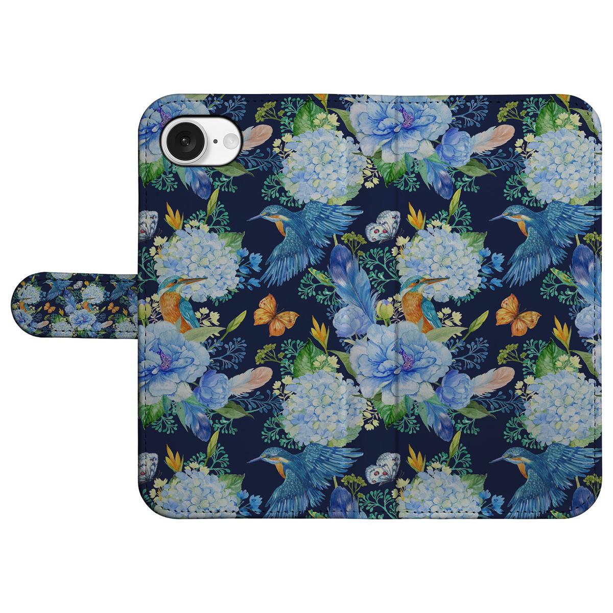 Telefoonhoesje met Pasjes voor iPhone 16e IJsvogel bloemen blauw design vooraanzicht