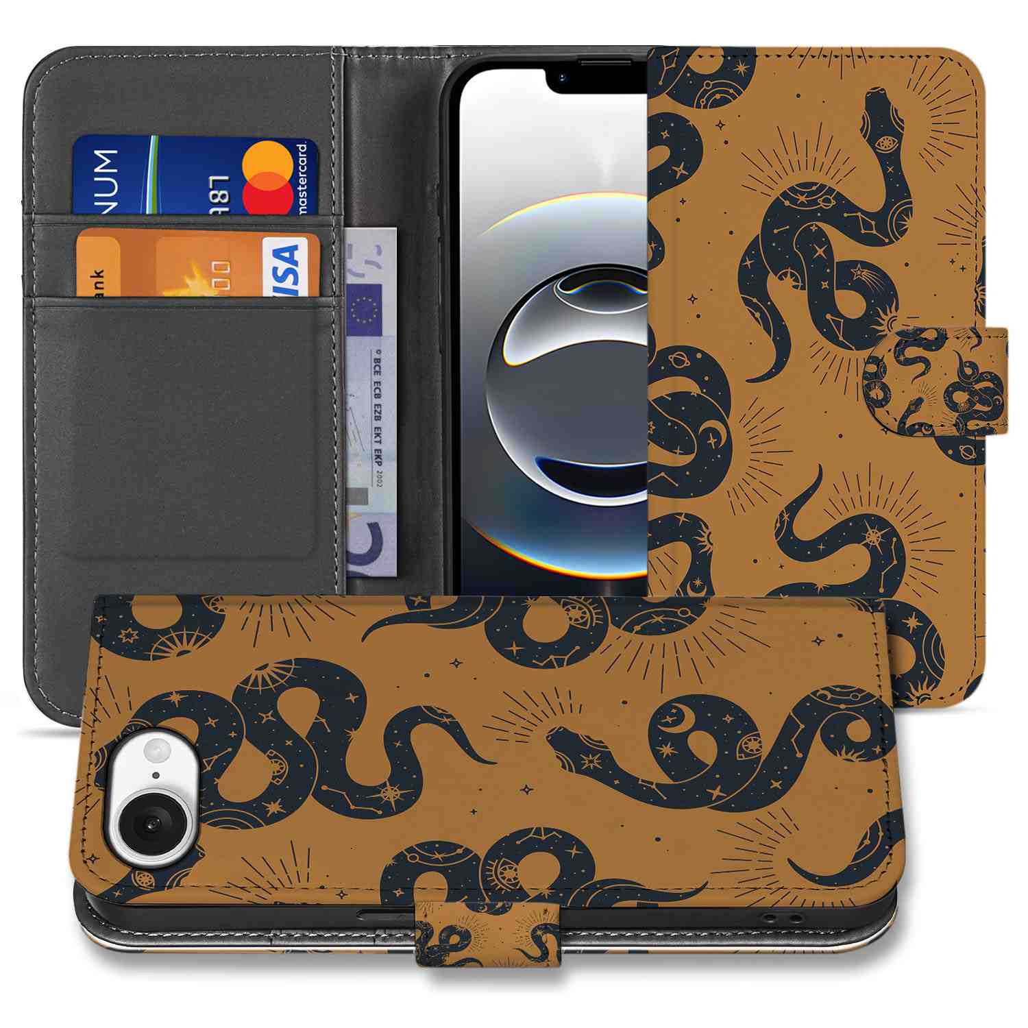Telefoonhoesje met Pasjes voor iPhone 16e Snakes slangen design voorkant en binnenkant