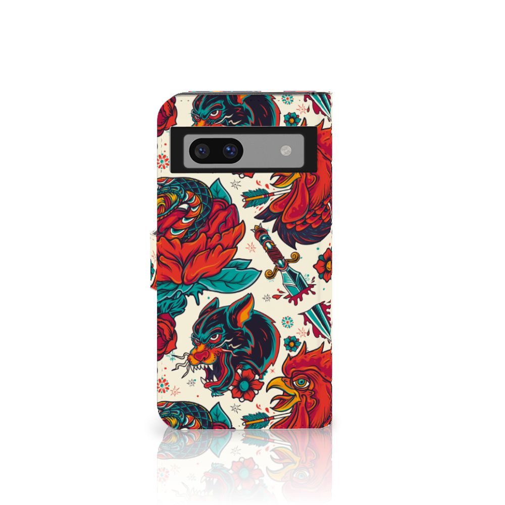 Telefoonhoesje met foto voor Google Pixel 8A Old Skool vintage bloemen tattoo design vooraanzicht