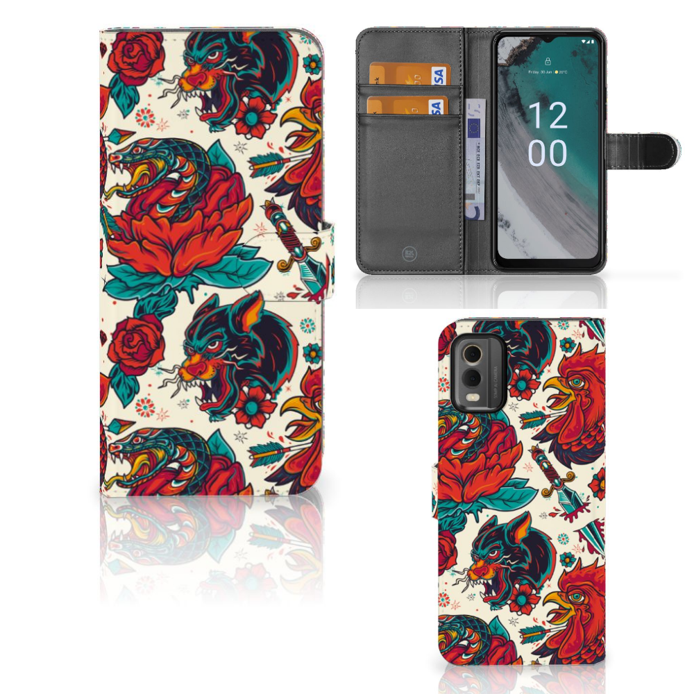 Telefoonhoesje met foto voor Nokia C32 Old Skool met vintage tattoo design en drie passen in de binnenzijde 🌹.
