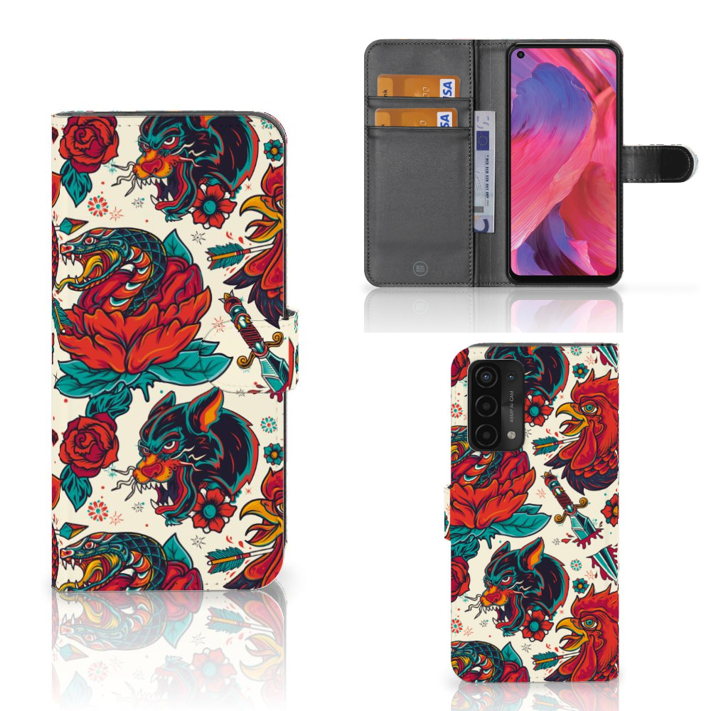 OPPO A54 5G | A74 5G | A93 5G Telefoonhoesje met foto Old Skool tattoo design vooraanzicht binnenkant