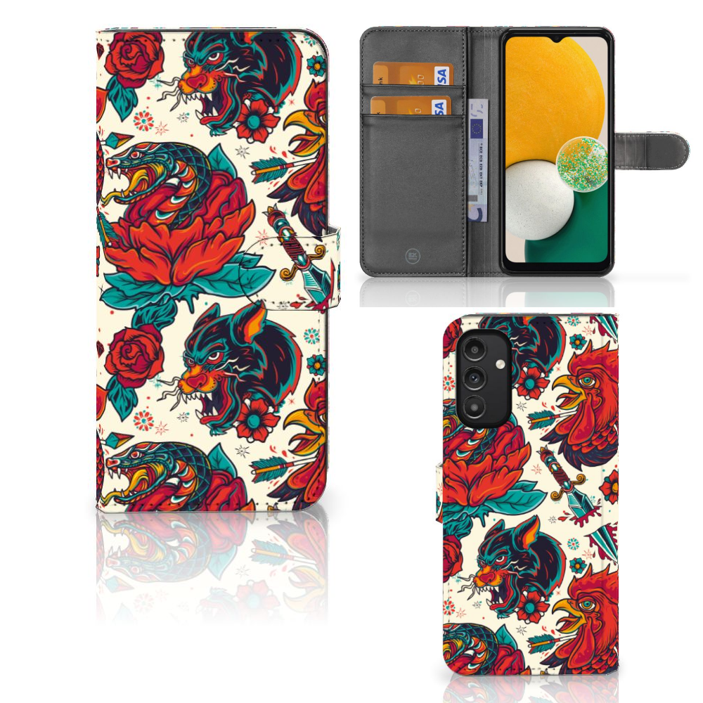 Telefoonhoesje met foto voor Samsung Galaxy A14 4G Old Skool met tatoeage vintage design en ruimte voor pasjes
