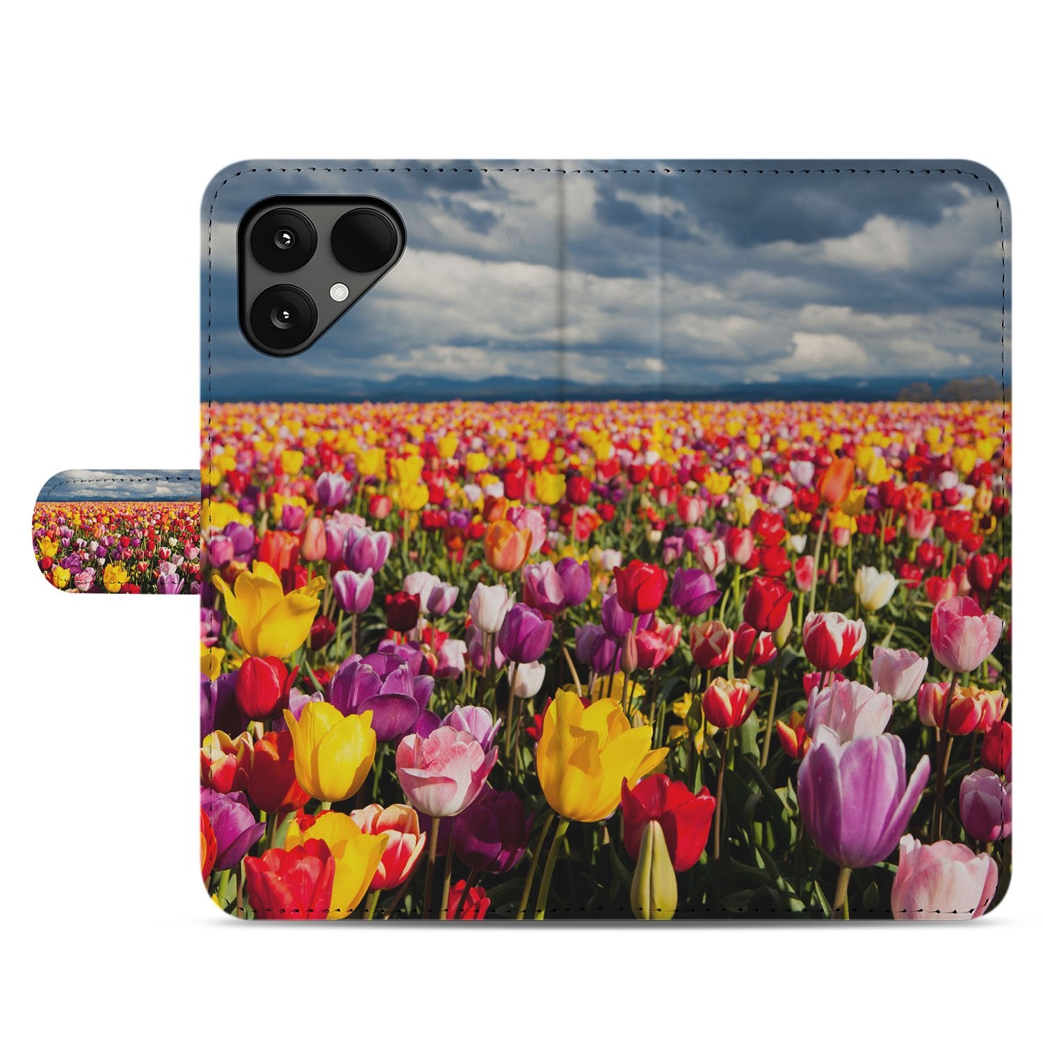 Fairphone 6 Tulpen Motief Bookcase Hoesje bloemenveld kleurrijk aanzicht