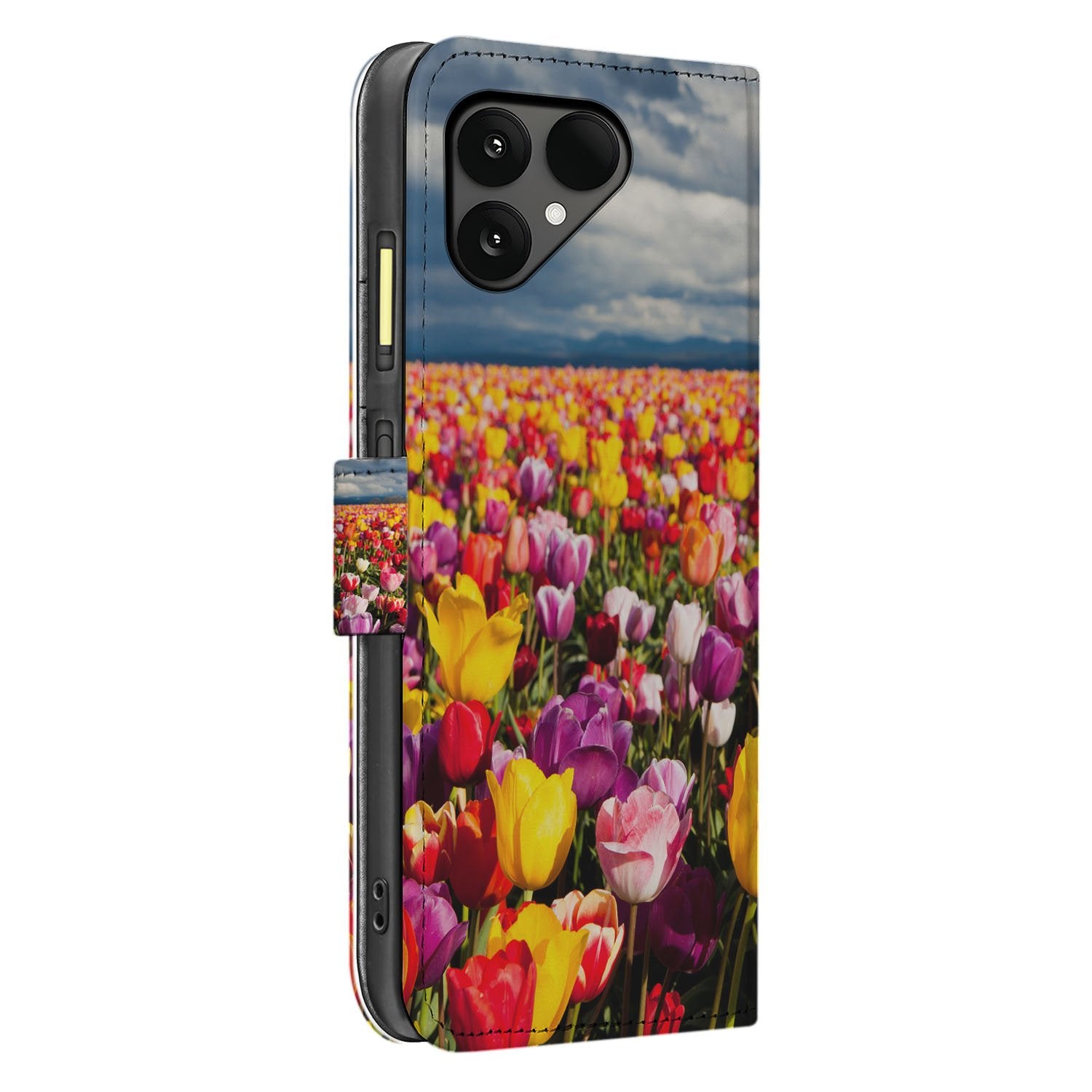 Fairphone 6 Tulpen Motief Bookcase Hoesje zij aanzicht kleurrijke bloemen