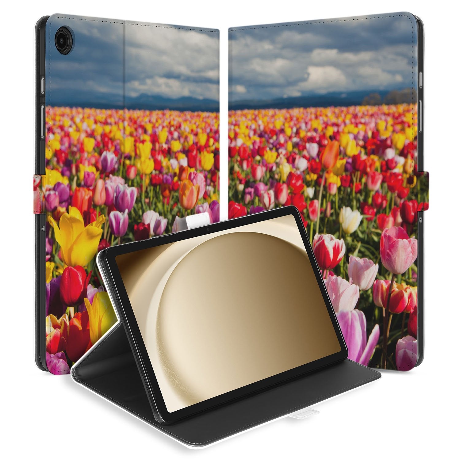 Samsung Galaxy Tab A11 Plus Tulpen Tablet Hoesje met Standaard design bloemen aanzicht