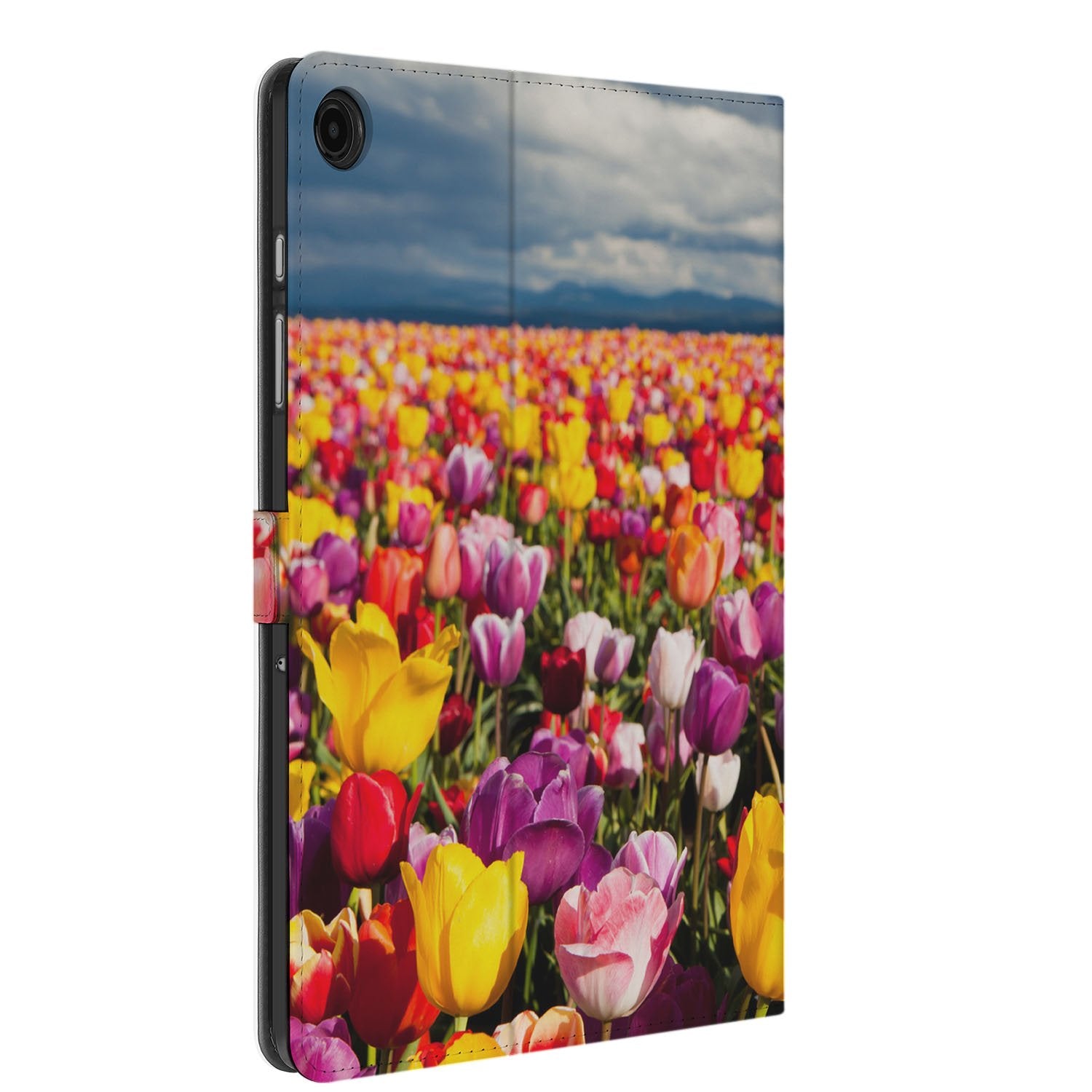 Samsung Galaxy Tab A11 Plus Tulpen Tablet Hoesje bloemen veld zijaanzicht