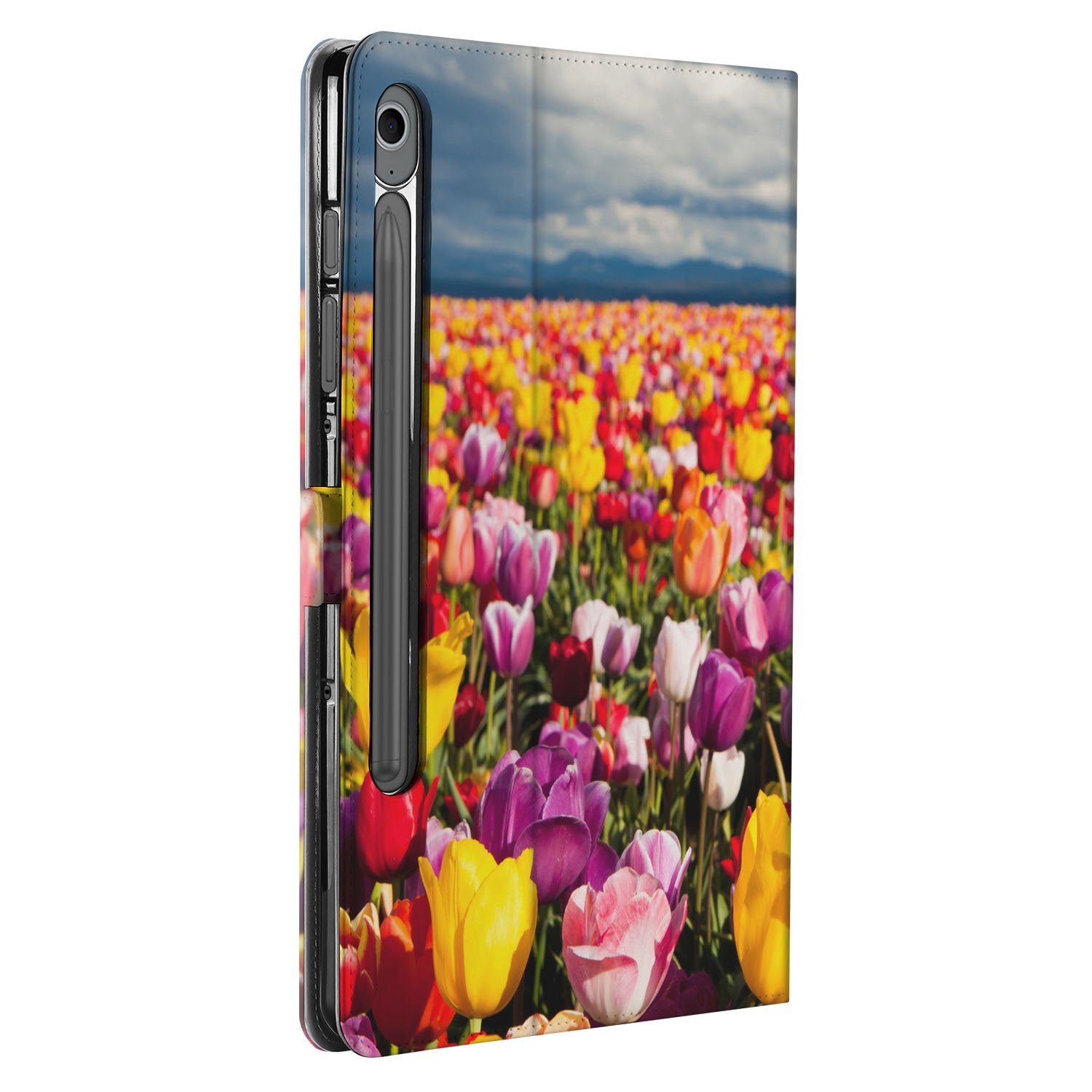 Samsung Galaxy Tab S10 FE | Tab S9 FE Tulpen Tablet Hoesje met Standaard design kleurige tulpen aanzicht
