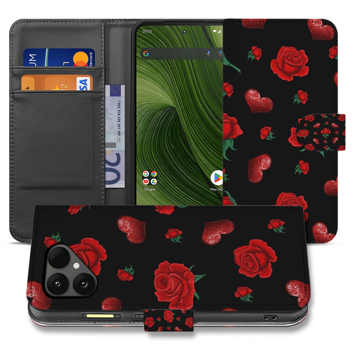 Valentine Fairphone 6 Portemonnee Hoesje Met Pasvakjes En Stijlvolle Bescherming designnaam zwart rozen hartjes aanzicht