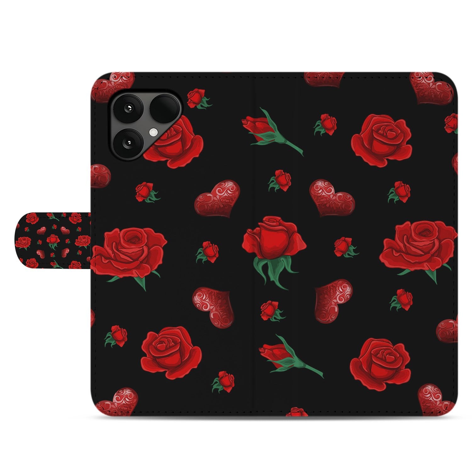 Valentine Fairphone 6 Portemonnee Hoesje Met Pasvakjes En Stijlvolle Bescherming bloemen hartjes zwart rood
