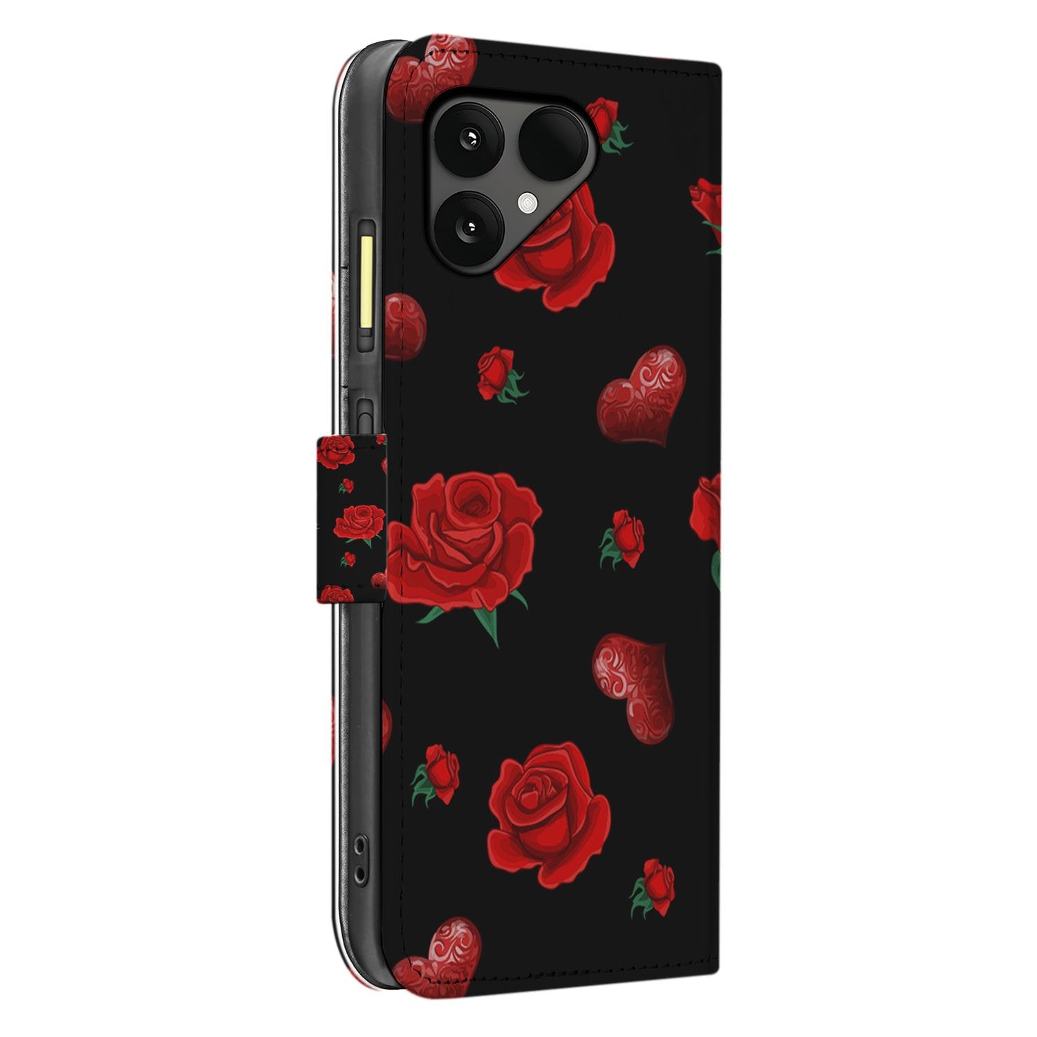 Valentine Fairphone 6 Portemonnee Hoesje Met Pasvakjes En Stijlvolle Bescherming zwarte achtergrond rode rozen hartjes