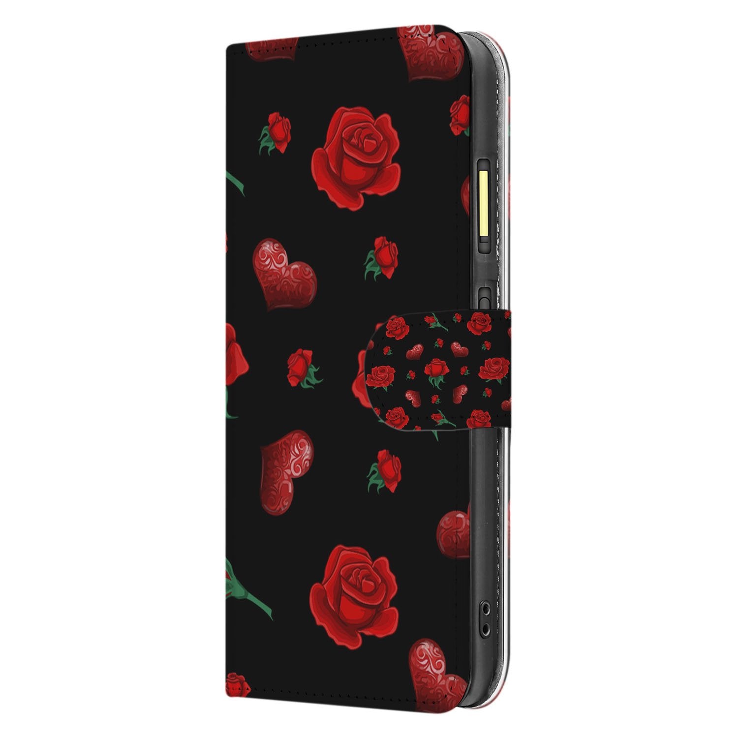 Valentine Fairphone 6 Portemonnee Hoesje Met Pasvakjes En Stijlvolle Bescherming rose hartjes zwart design aanzicht
