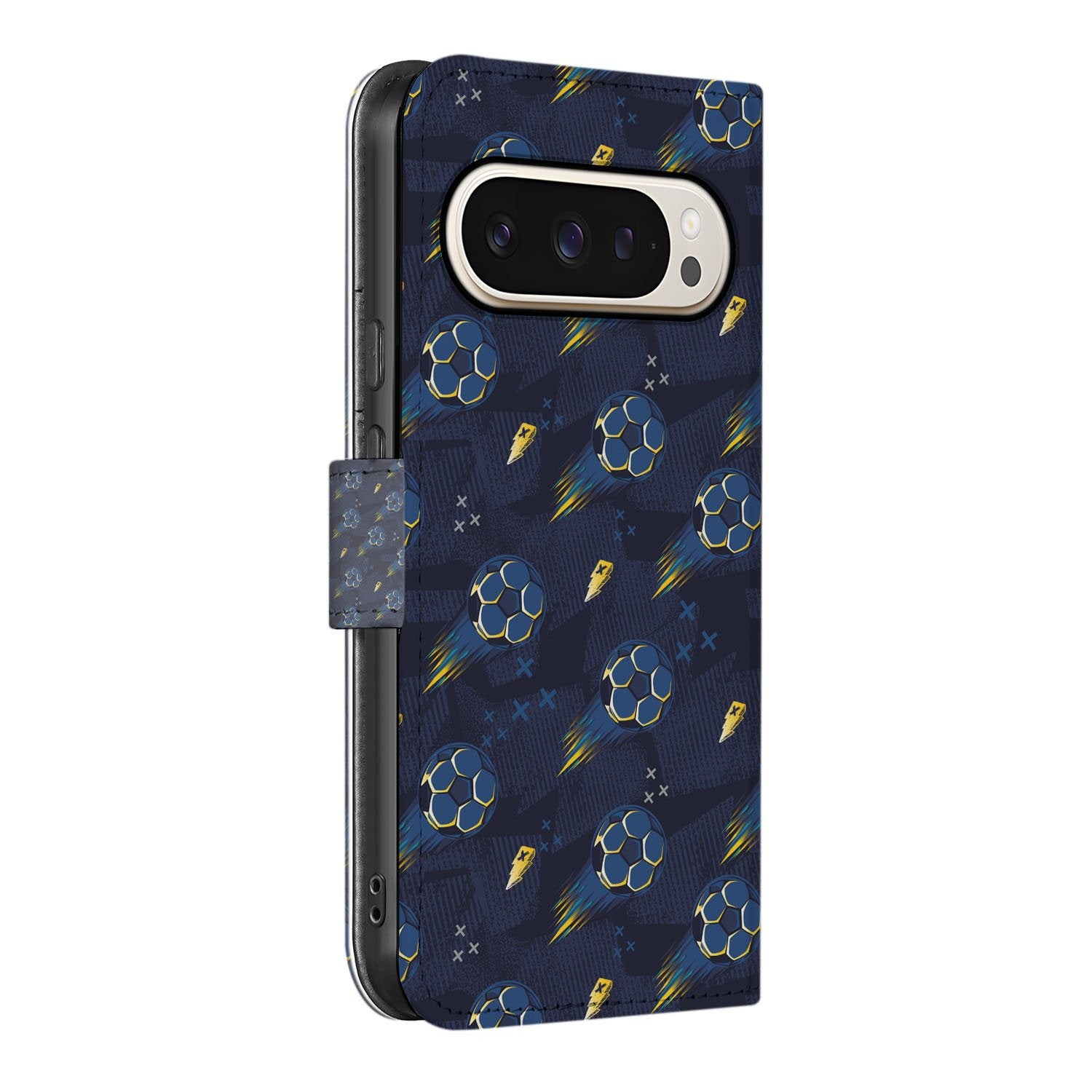 Voetbal Google Pixel 10 | 10 Pro | Book Case voetbaldesign diepe blauwtinten aanzicht