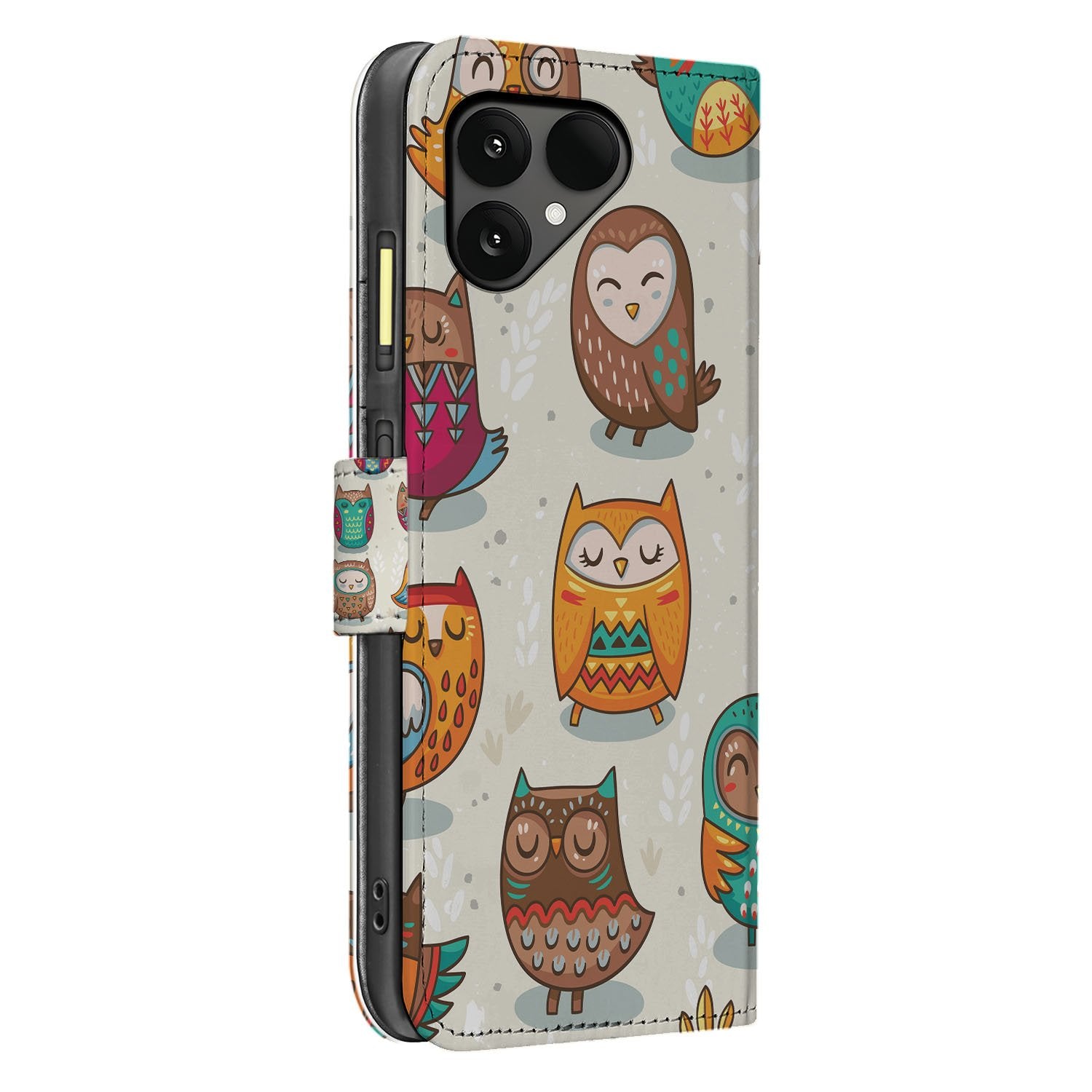 Vrolijke Uilen Pasjeshoesje Fairphone 6 Book Case design vrolijke uilen aanzicht