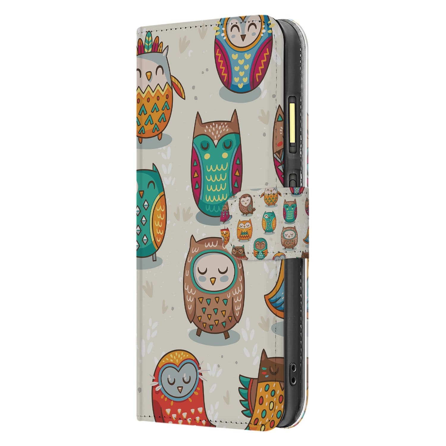 Vrolijke Uilen Pasjeshoesje Fairphone 6 Book Case uilen patroon oranje groen beige