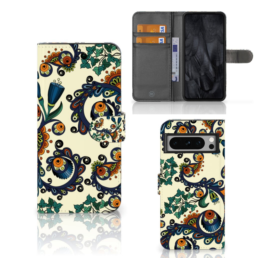 Wallet Case Google Pixel 8 Pro Barok Flower design voorkant achterkant aanzicht