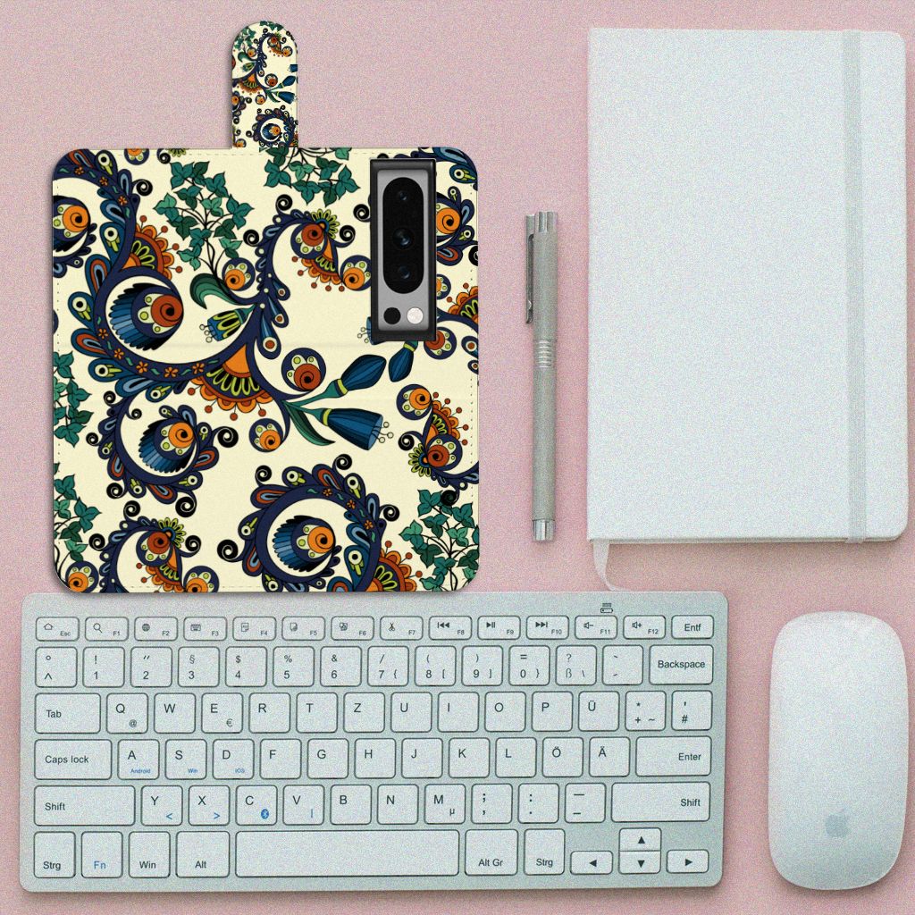 Google Pixel 8 Pro Wallet Case Barok Flower bovenaanzicht met toetsenbord en notitieboek