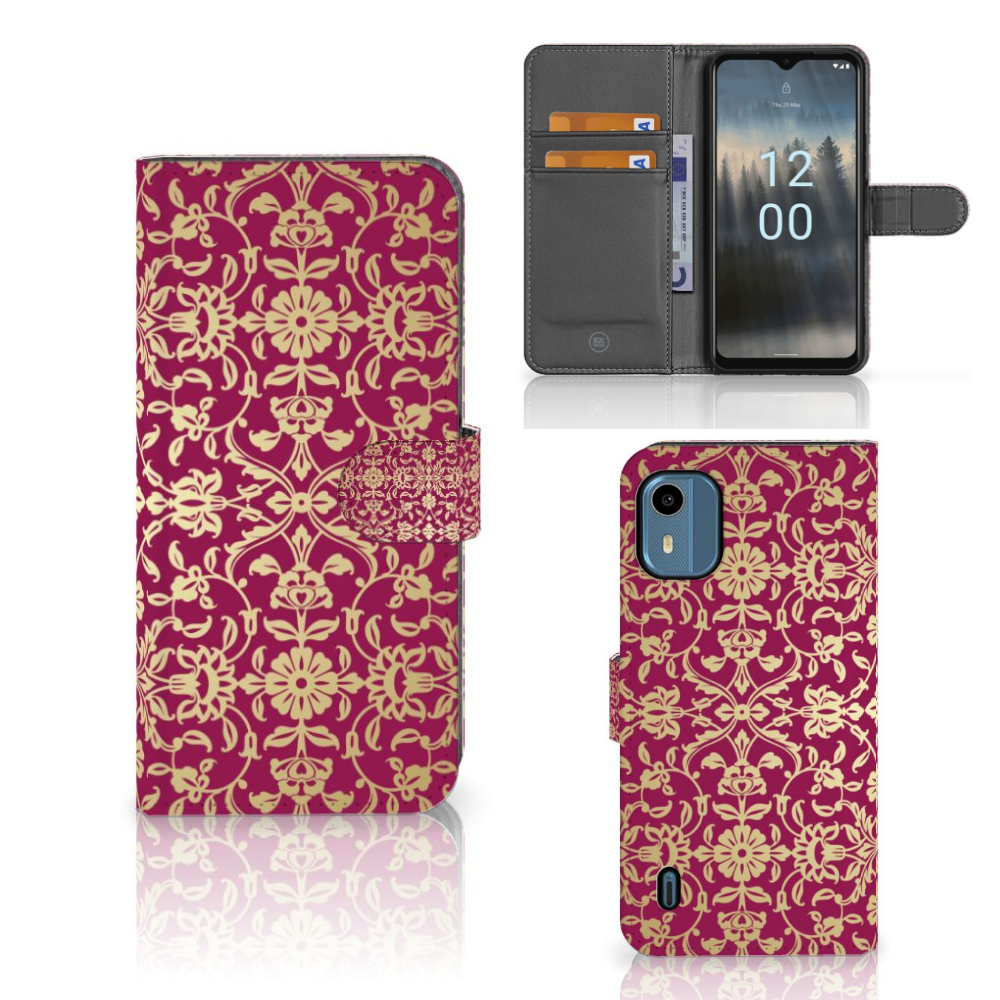 Nokia C12 Wallet Case Barok Pink design voorkant achterkant aanzicht