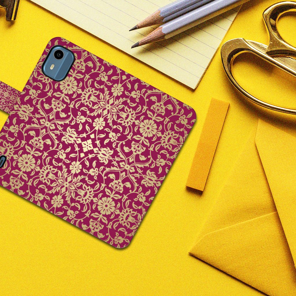 Nokia C12 Wallet Case Barok Pink design bovenaanzicht