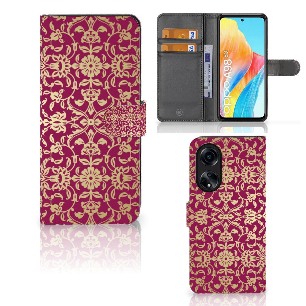 Wallet Case OPPO A98 5G Barok Pink ontwerp bloemen goud combinatie