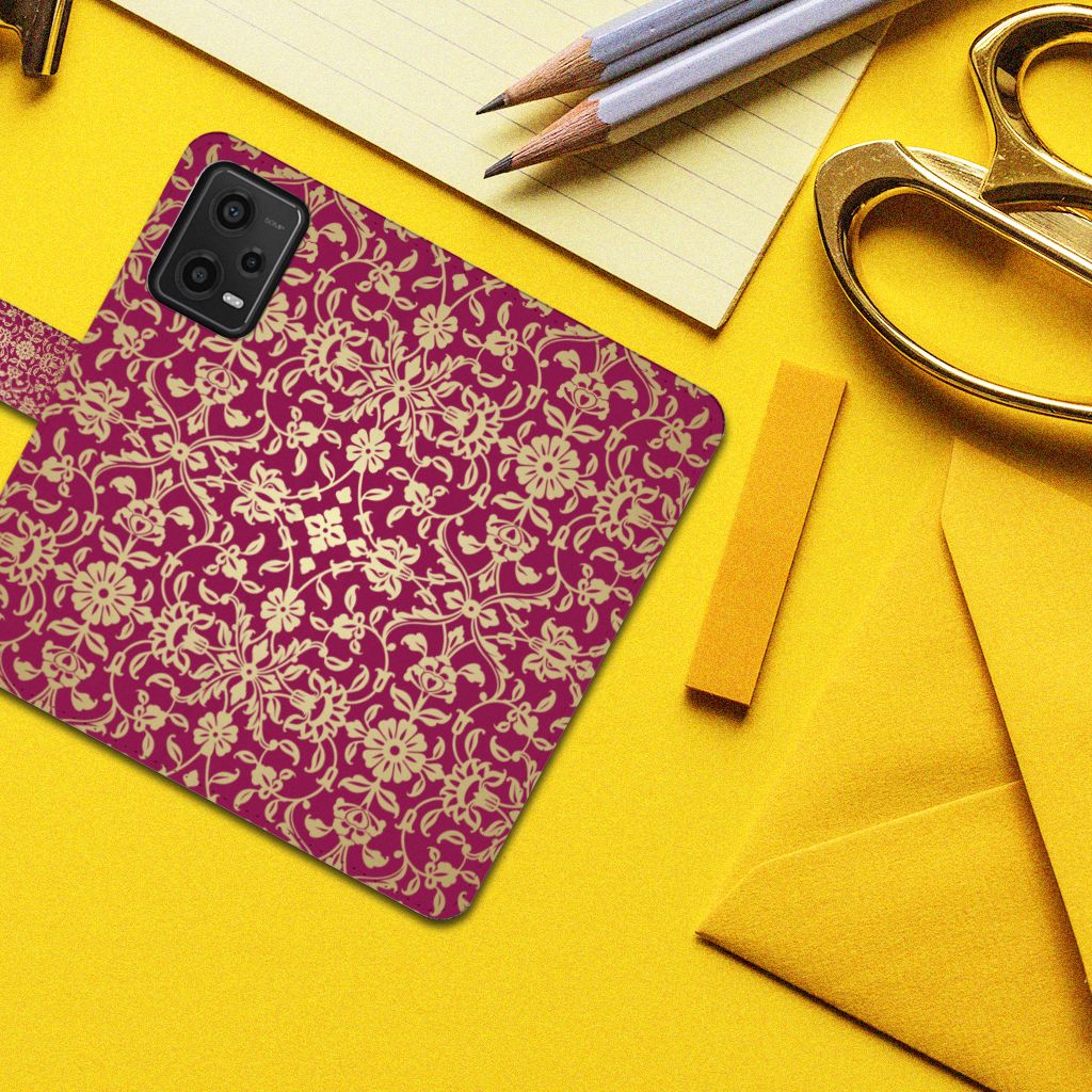 Wallet Case Xiaomi Redmi Note 12 5G | Poco X5 Barok Pink bloemen gouden design bovenaanzicht
