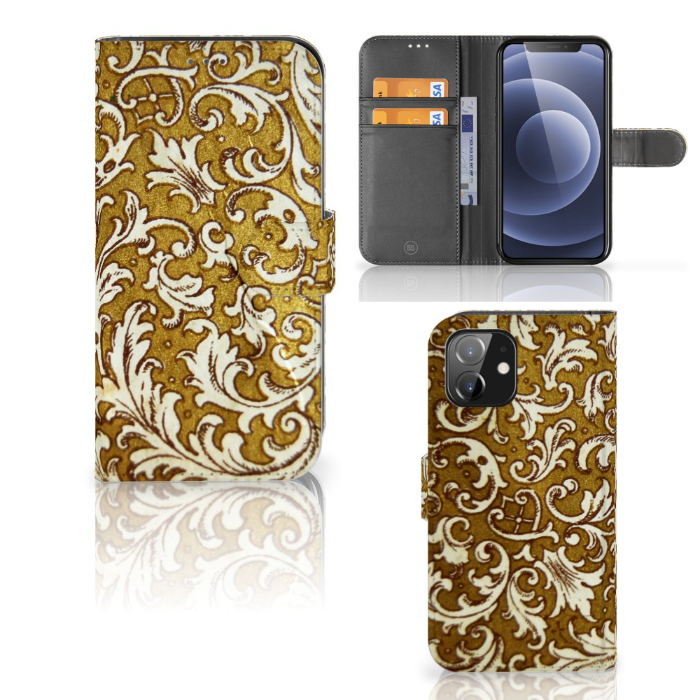 Wallet Case iPhone 12 | 12 Pro (6.1") Barok Goud design barok zij aanzicht